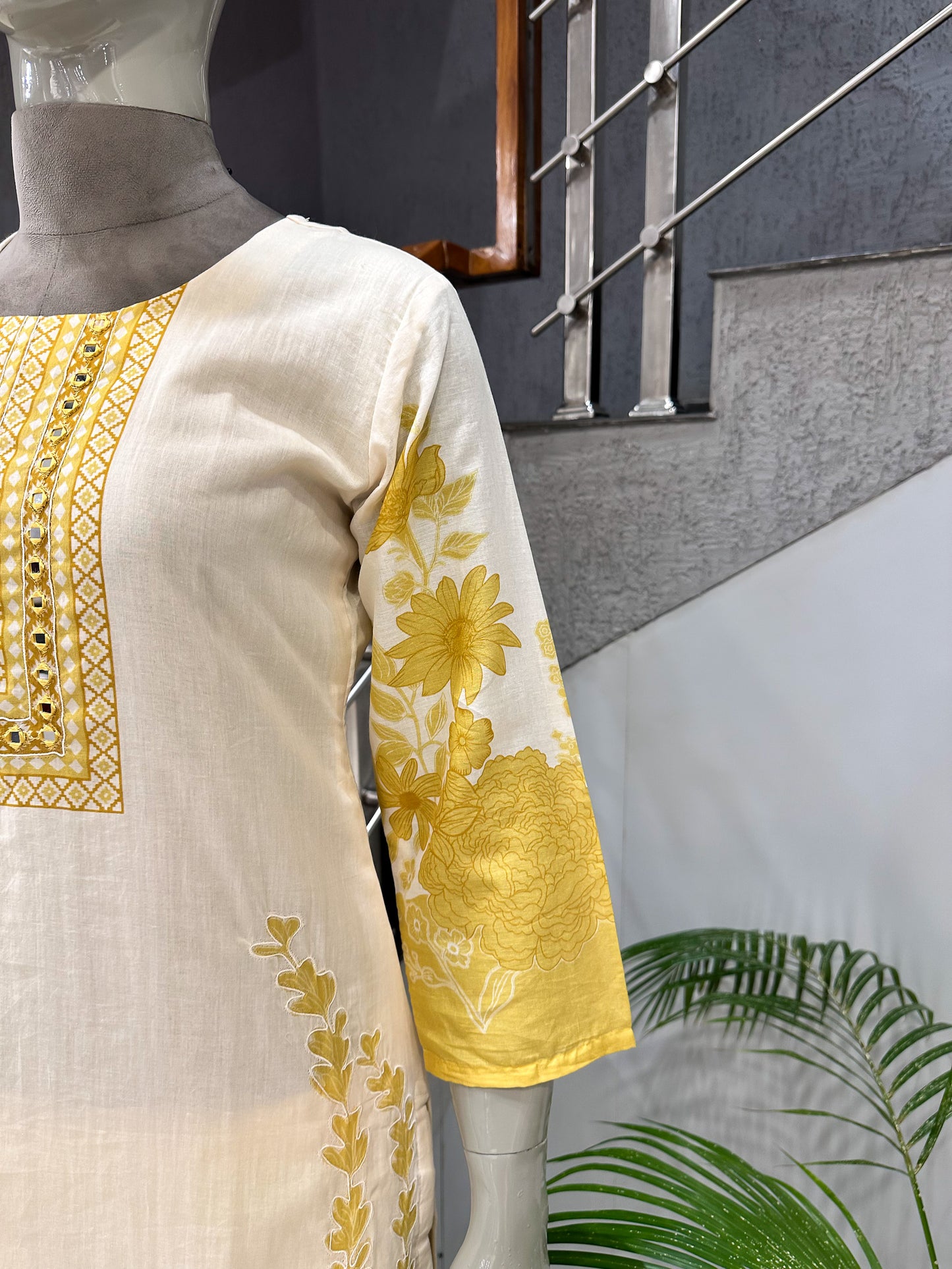 Premium Ivory Yellow Cotton Churidar Set with Floral Dupatta & Mirror Neck Work | Elegant Daily Wear Ethnic Suit for Women