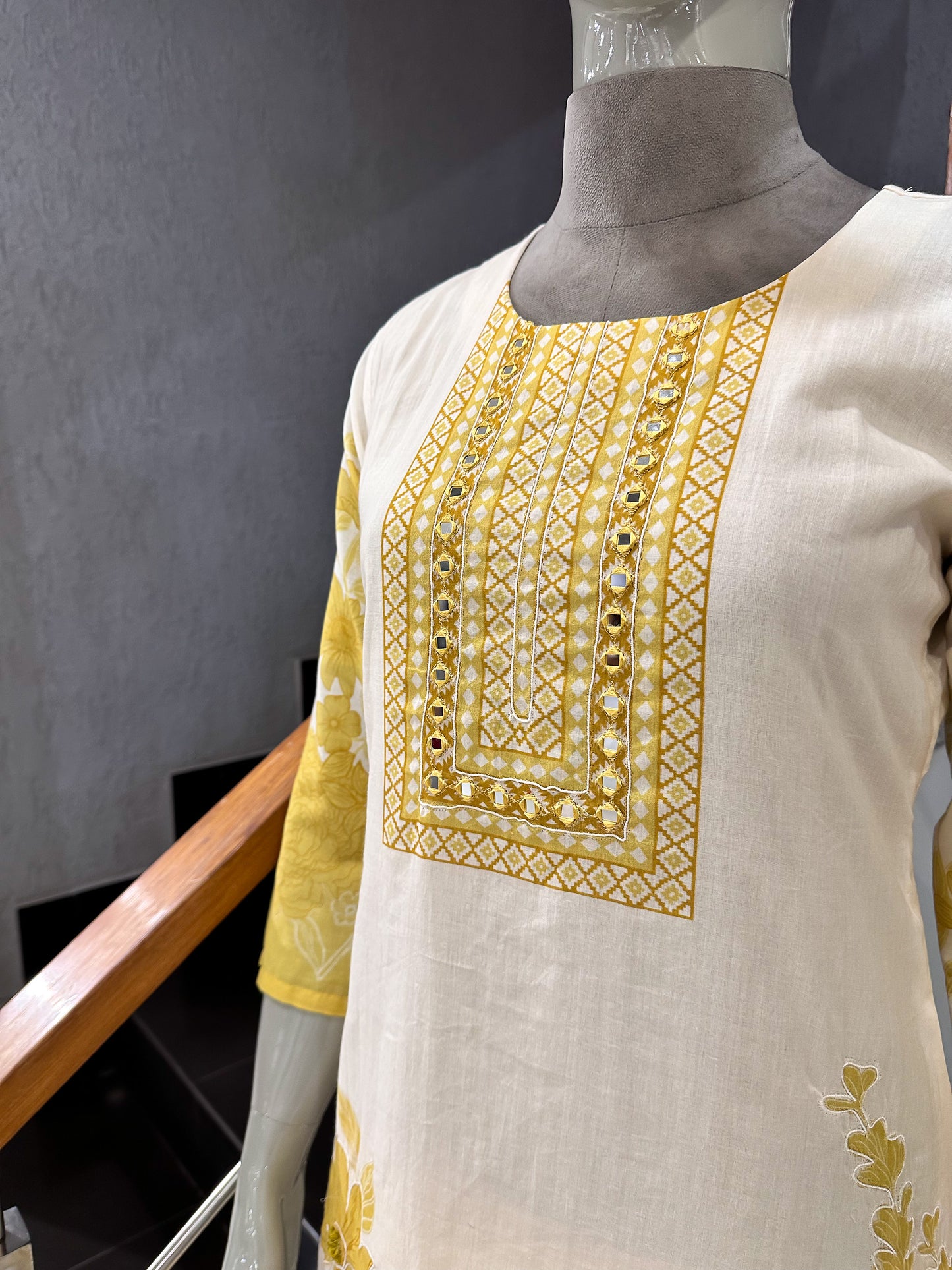 Premium Ivory Yellow Cotton Churidar Set with Floral Dupatta & Mirror Neck Work | Elegant Daily Wear Ethnic Suit for Women