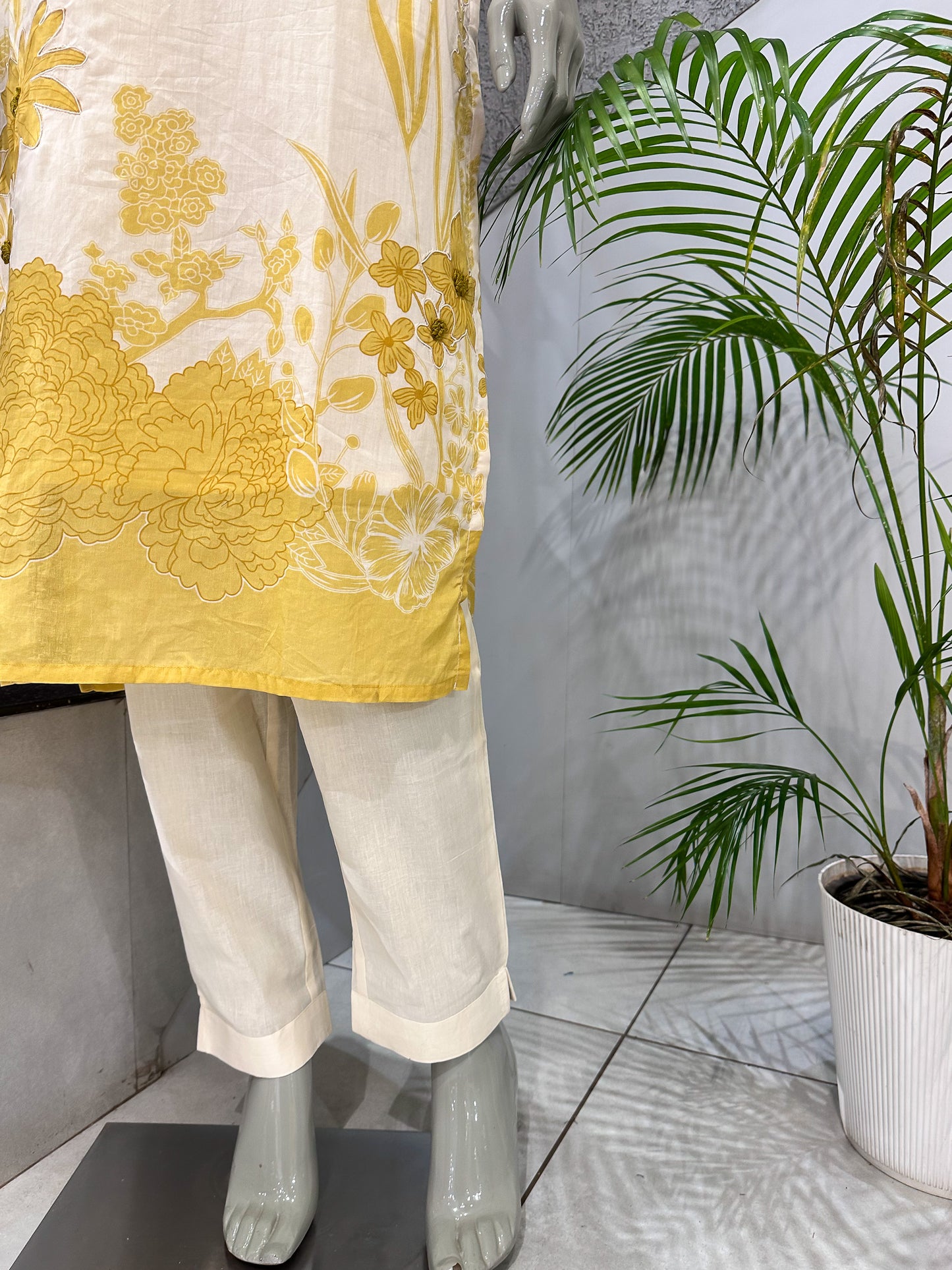 Premium Ivory Yellow Cotton Churidar Set with Floral Dupatta & Mirror Neck Work | Elegant Daily Wear Ethnic Suit for Women