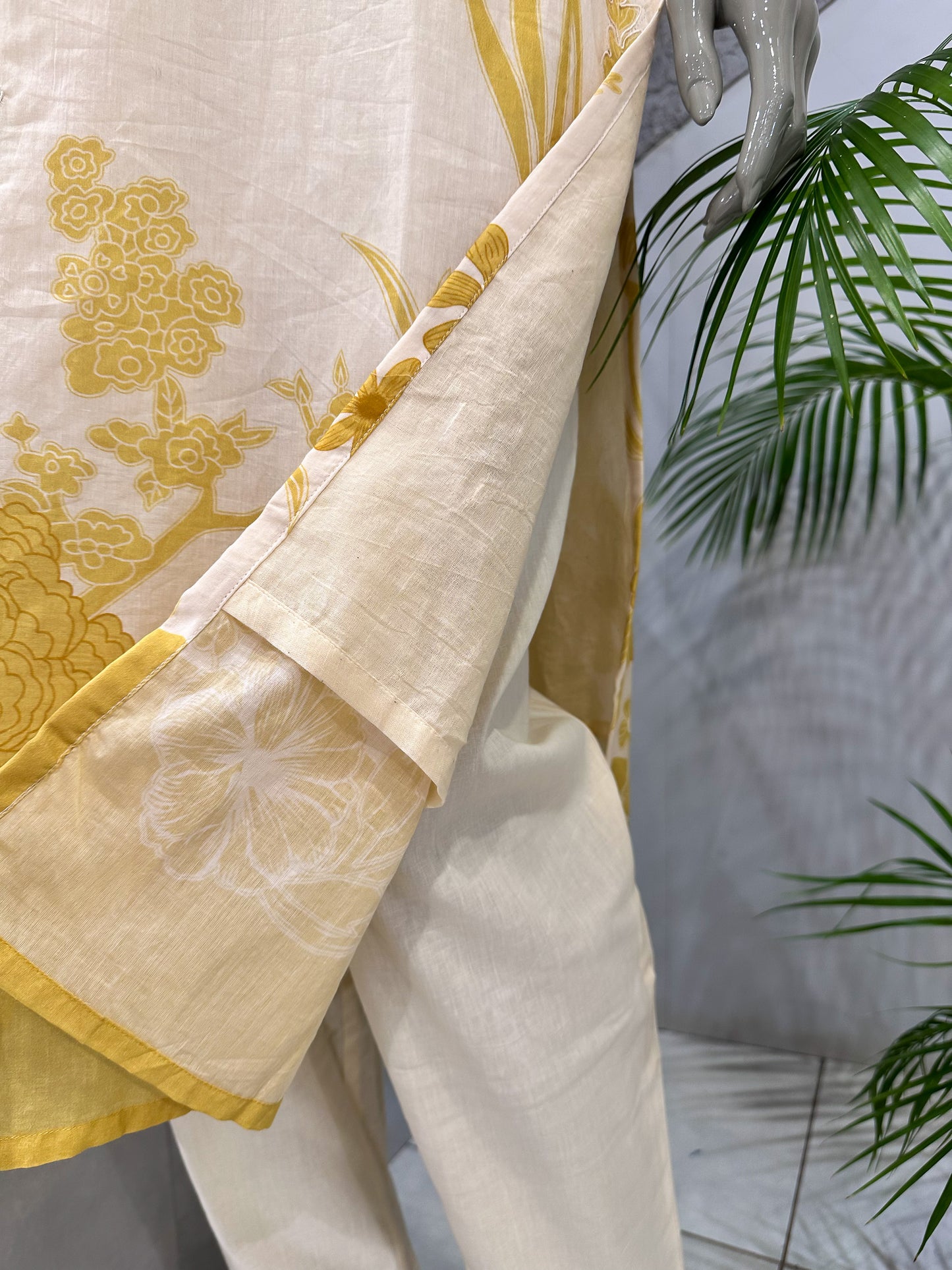 Premium Ivory Yellow Cotton Churidar Set with Floral Dupatta & Mirror Neck Work | Elegant Daily Wear Ethnic Suit for Women