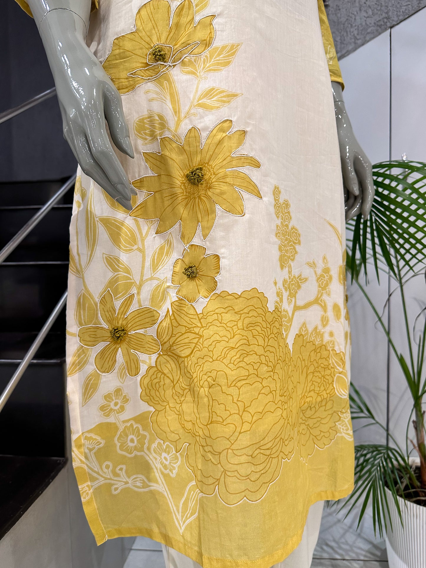 Premium Ivory Yellow Cotton Churidar Set with Floral Dupatta & Mirror Neck Work | Elegant Daily Wear Ethnic Suit for Women