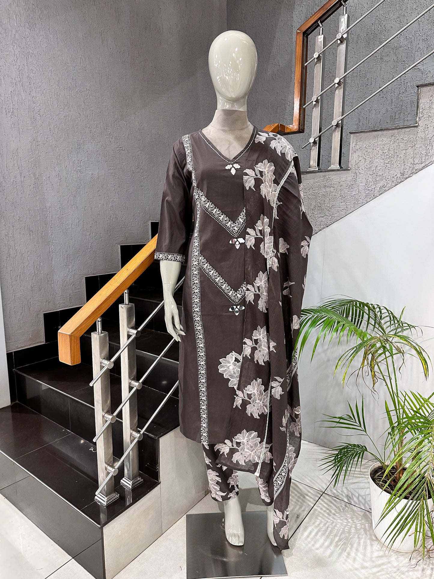 Premium Coffee Brown Cotton Churidar Set with Floral Dupatta & Mirror Work | Elegant Daily Wear Ethnic Suit for Women