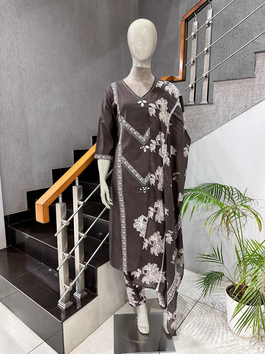 Premium Coffee Brown Cotton Churidar Set with Floral Dupatta & Mirror Work | Elegant Daily Wear Ethnic Suit for Women