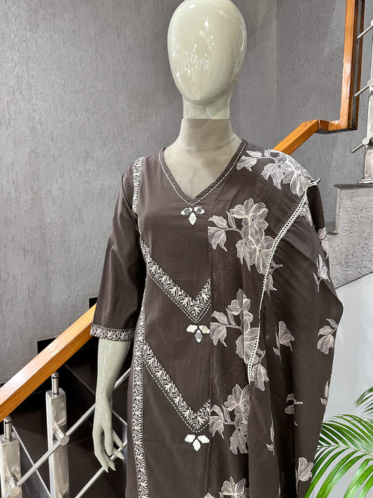 Premium Coffee Brown Cotton Churidar Set with Floral Dupatta & Mirror Work | Elegant Daily Wear Ethnic Suit for Women