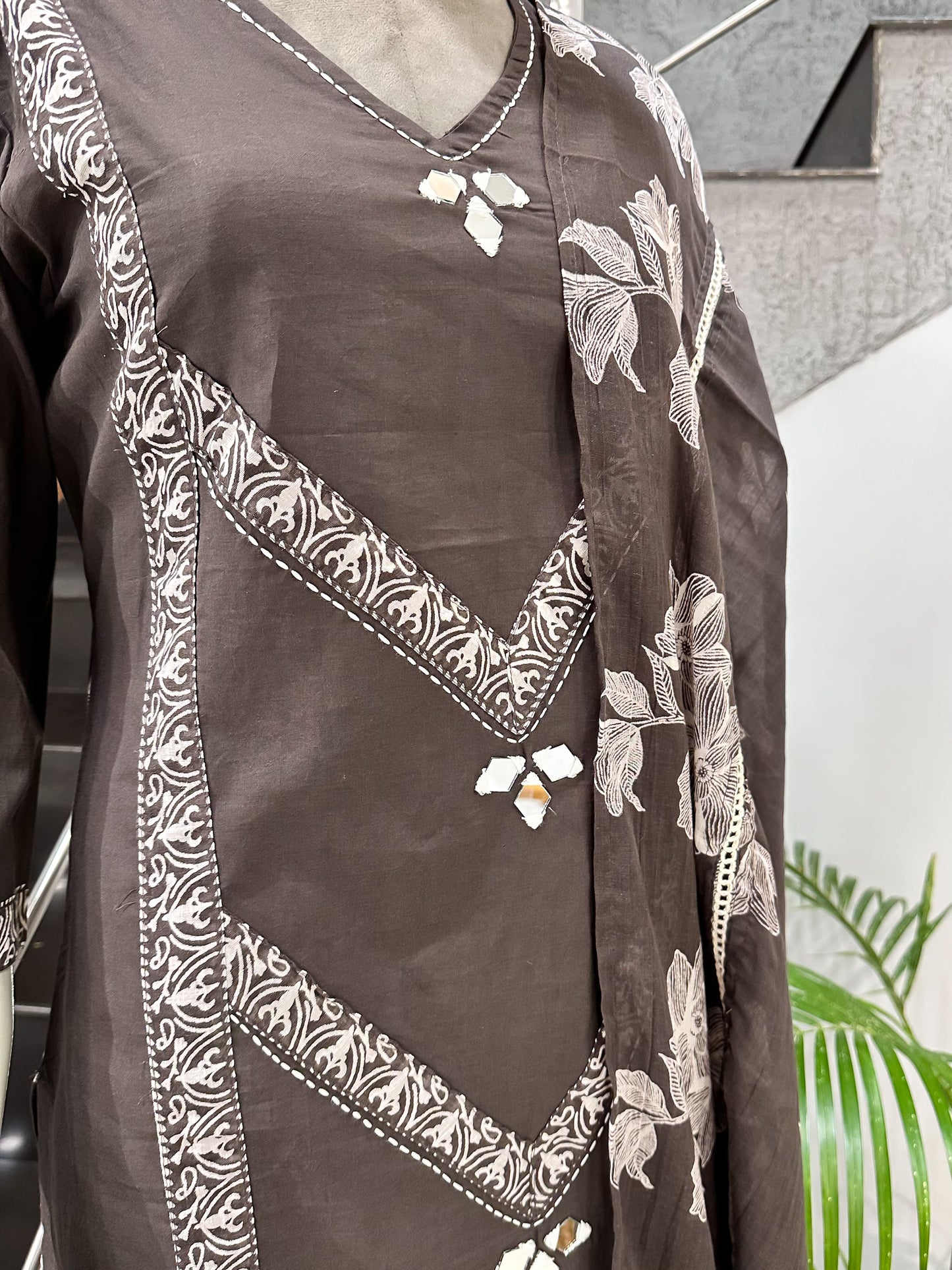 Premium Coffee Brown Cotton Churidar Set with Floral Dupatta & Mirror Work | Elegant Daily Wear Ethnic Suit for Women