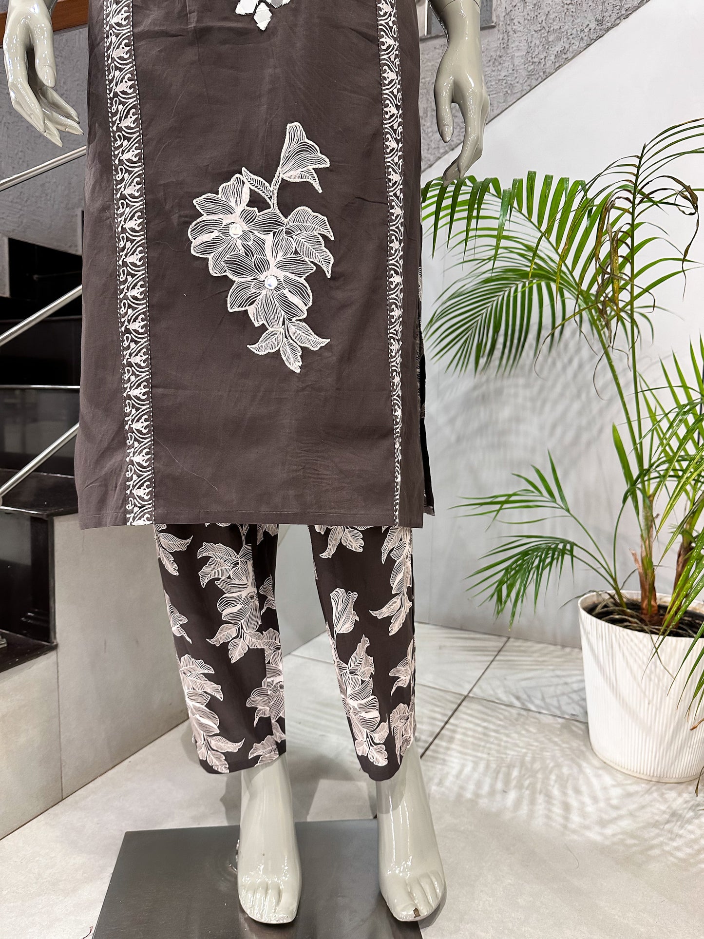 Premium Coffee Brown Cotton Churidar Set with Floral Dupatta & Mirror Work | Elegant Daily Wear Ethnic Suit for Women