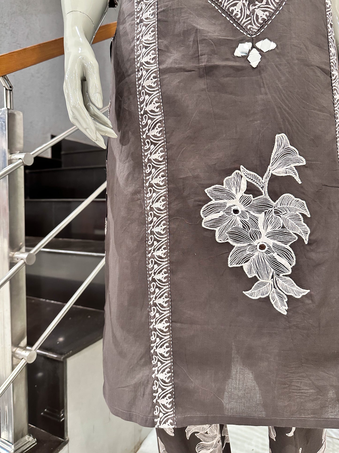 Premium Coffee Brown Cotton Churidar Set with Floral Dupatta & Mirror Work | Elegant Daily Wear Ethnic Suit for Women