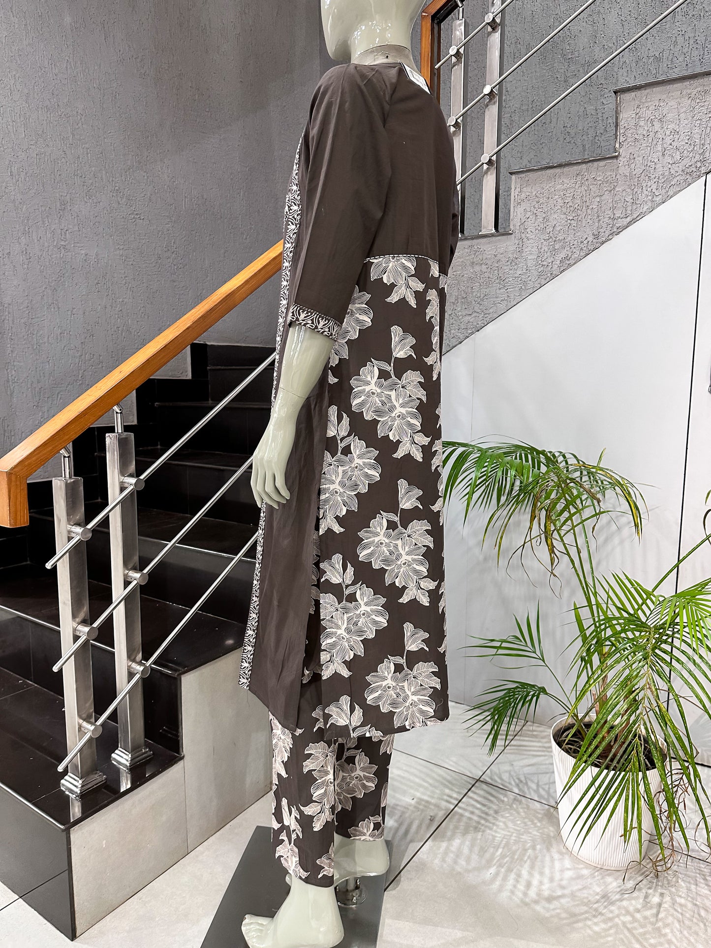 Premium Coffee Brown Cotton Churidar Set with Floral Dupatta & Mirror Work | Elegant Daily Wear Ethnic Suit for Women