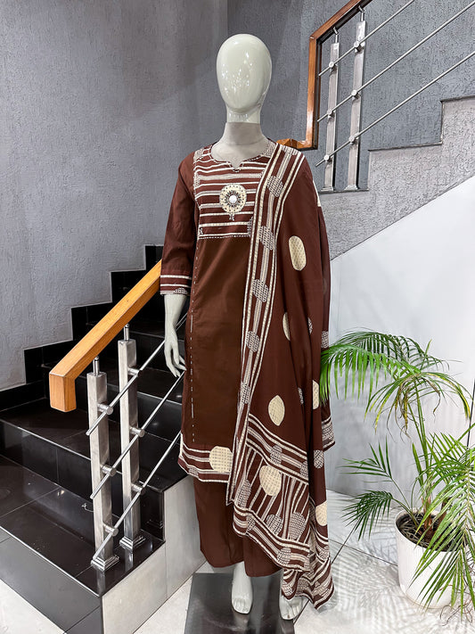 Premium Chocolate Brown Cotton Churidar Set with Designer Dupatta & Mirror Work | Elegant Daily Wear Ethnic Suit for Women
