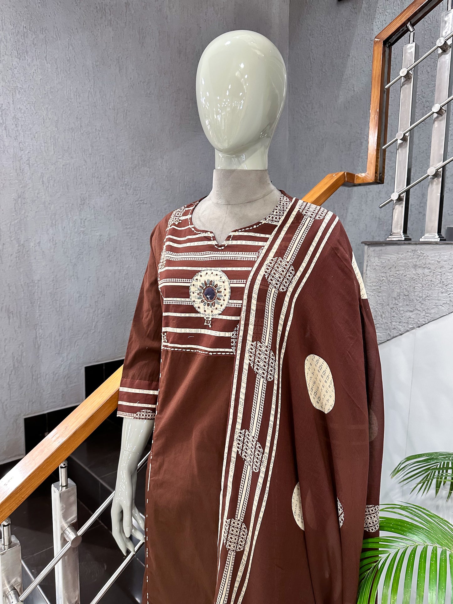 Premium Chocolate Brown Cotton Churidar Set with Designer Dupatta & Mirror Work | Elegant Daily Wear Ethnic Suit for Women