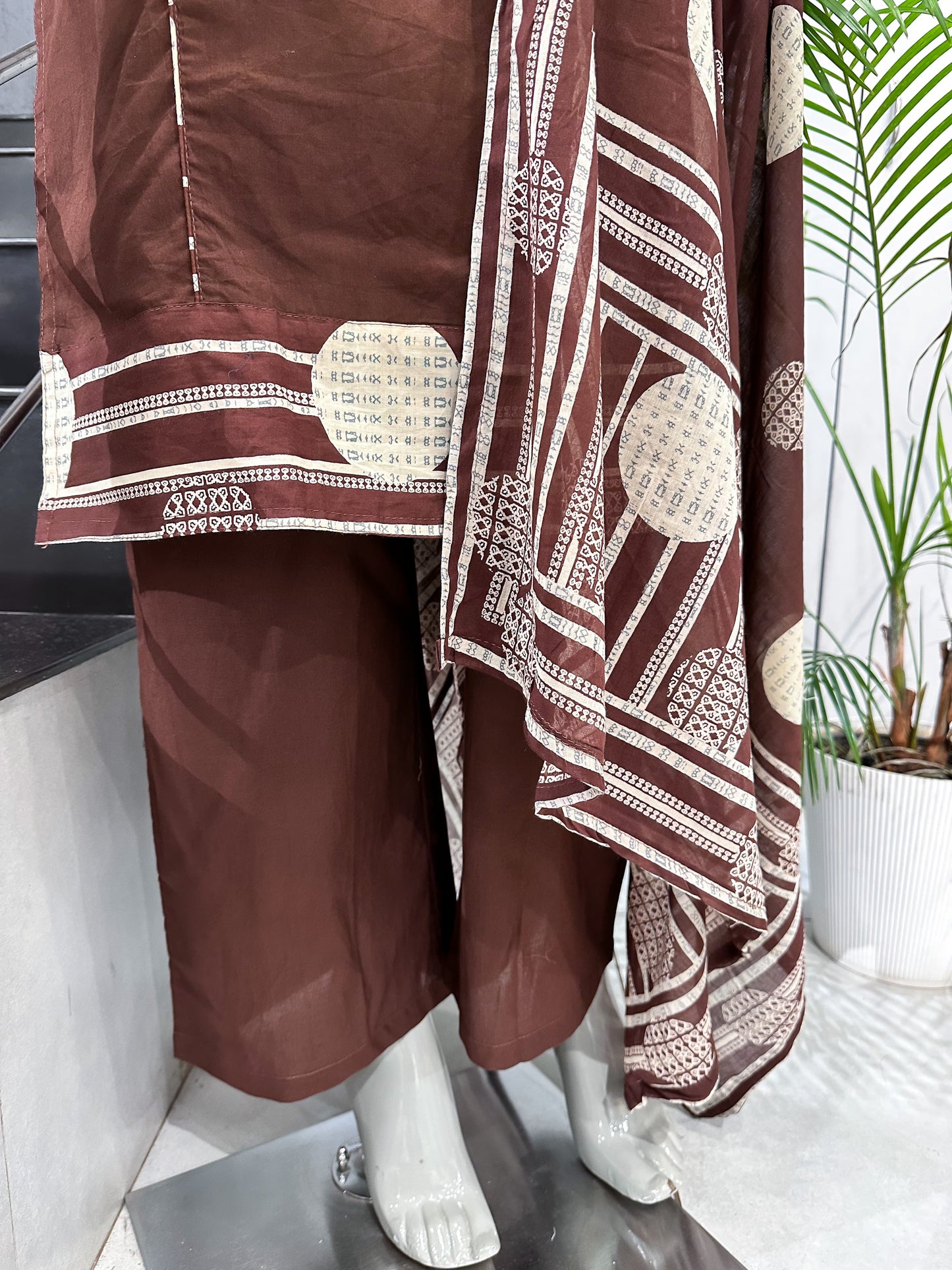 Premium Chocolate Brown Cotton Churidar Set with Designer Dupatta & Mirror Work | Elegant Daily Wear Ethnic Suit for Women
