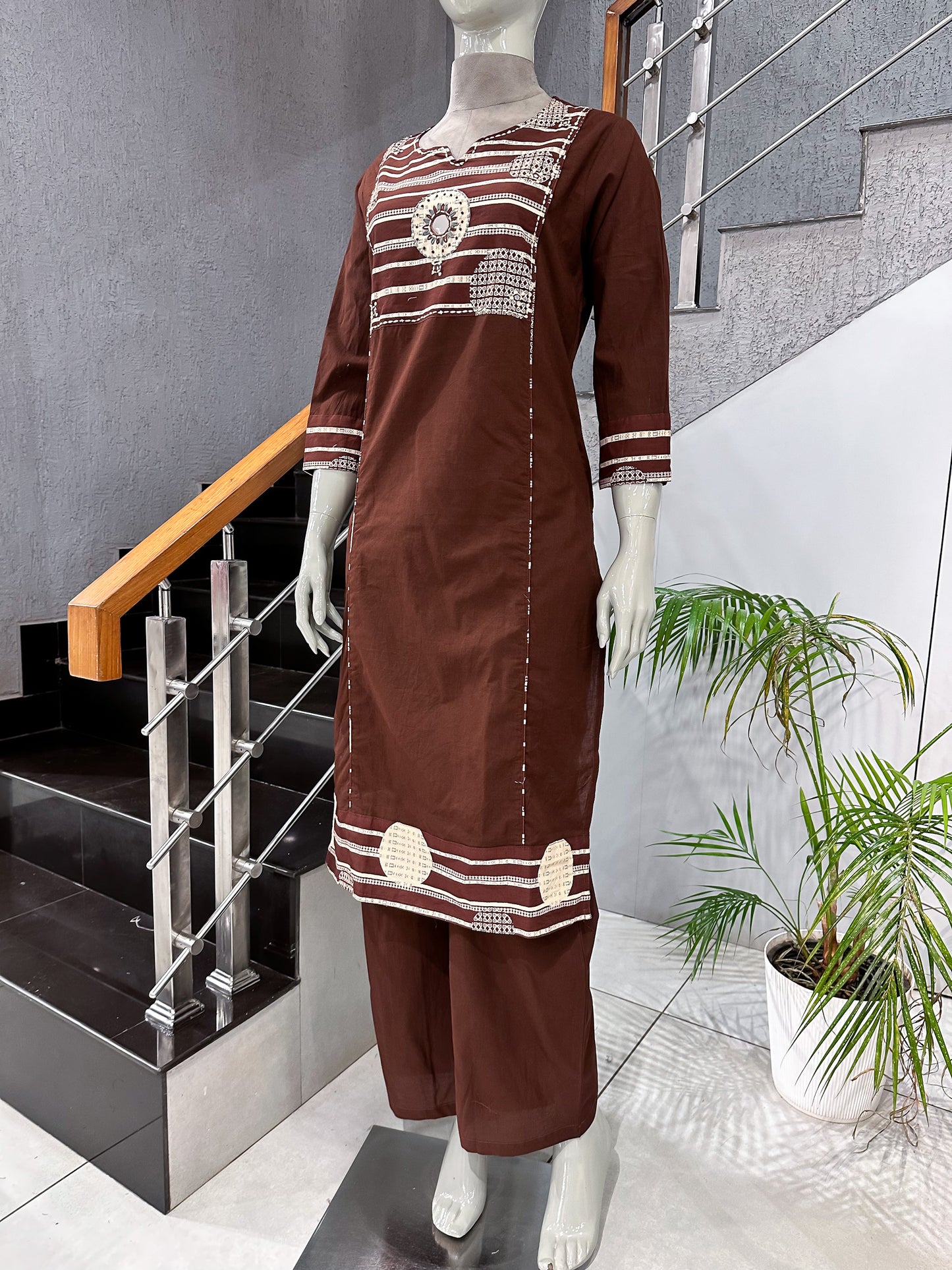 Premium Chocolate Brown Cotton Churidar Set with Designer Dupatta & Mirror Work | Elegant Daily Wear Ethnic Suit for Women