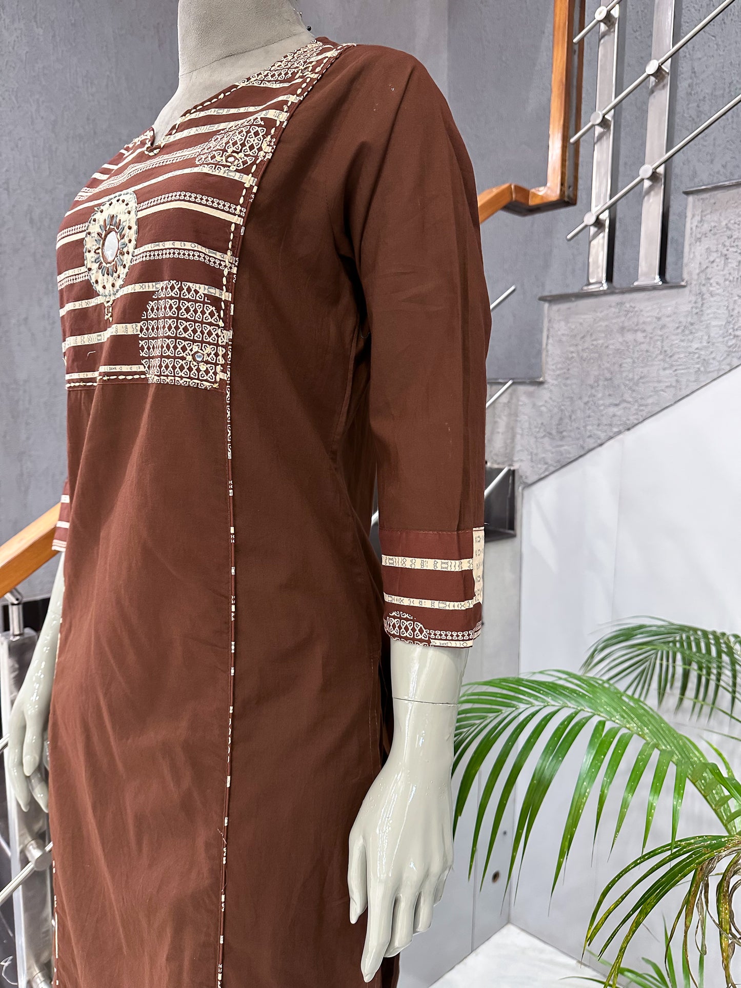 Premium Chocolate Brown Cotton Churidar Set with Designer Dupatta & Mirror Work | Elegant Daily Wear Ethnic Suit for Women