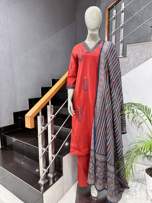 Premium Rust Red Cotton Churidar Set with Printed Dupatta & Palazzo Bottom for Women | Daily Wear Ethnic Suit