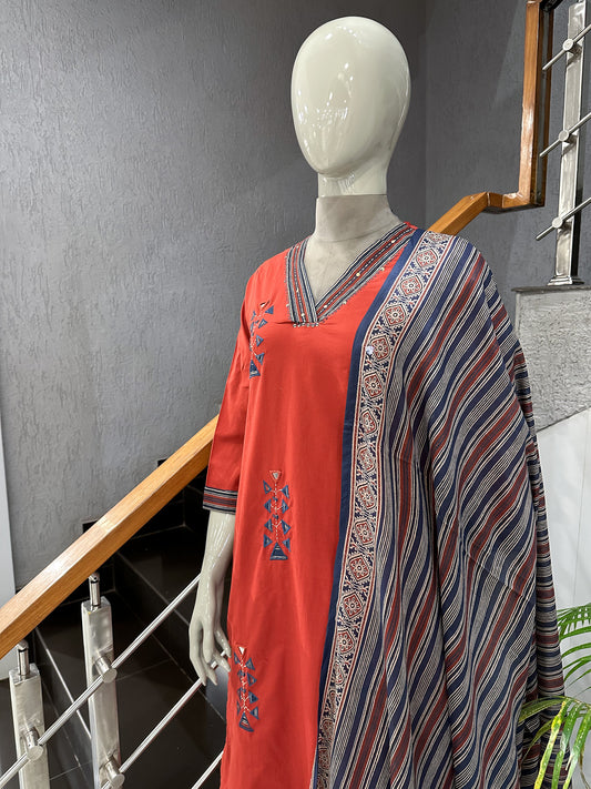 Premium Rust Red Cotton Churidar Set with Printed Dupatta & Palazzo Bottom for Women | Daily Wear Ethnic Suit