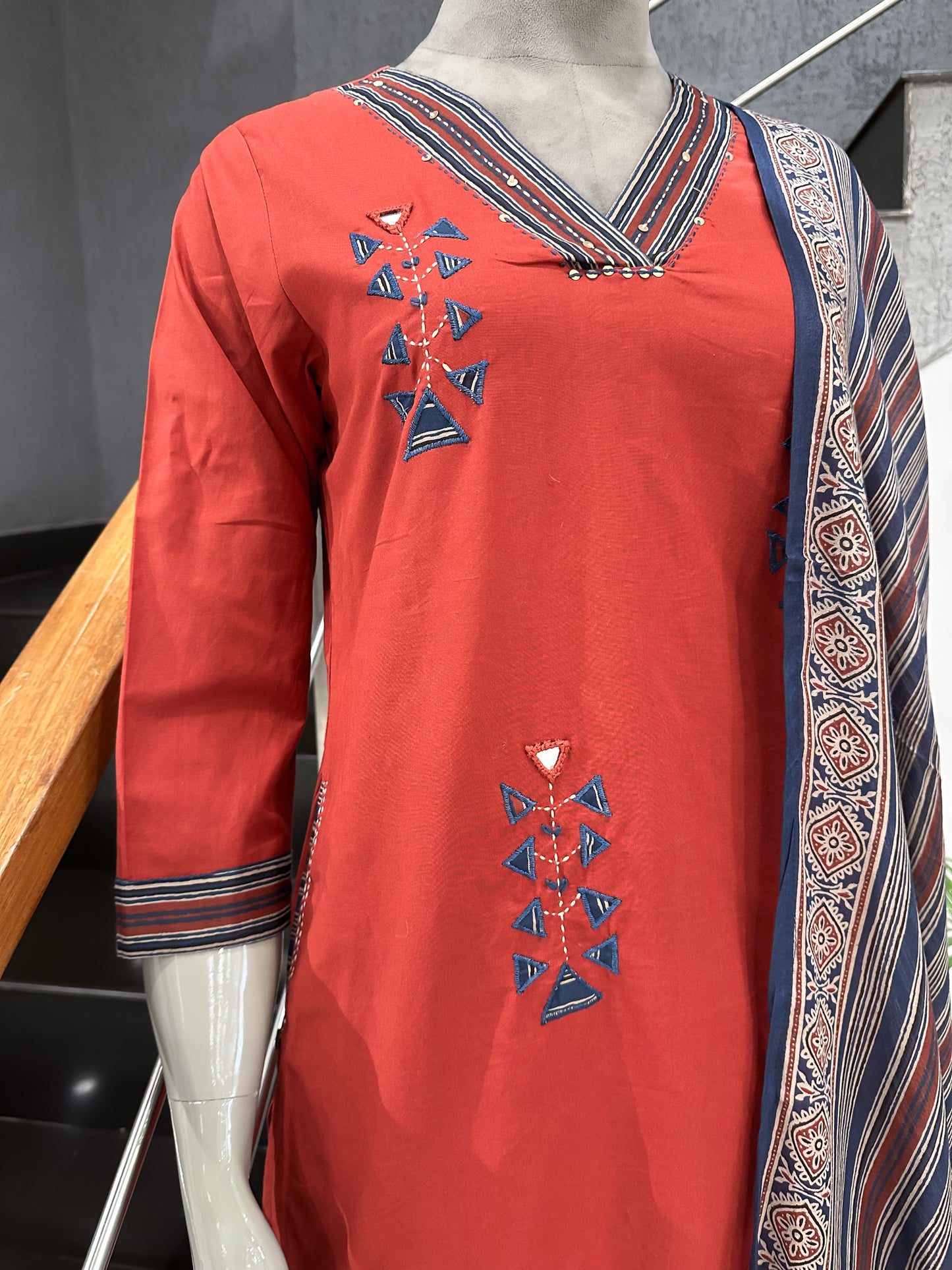 Premium Rust Red Cotton Churidar Set with Printed Dupatta & Palazzo Bottom for Women | Daily Wear Ethnic Suit