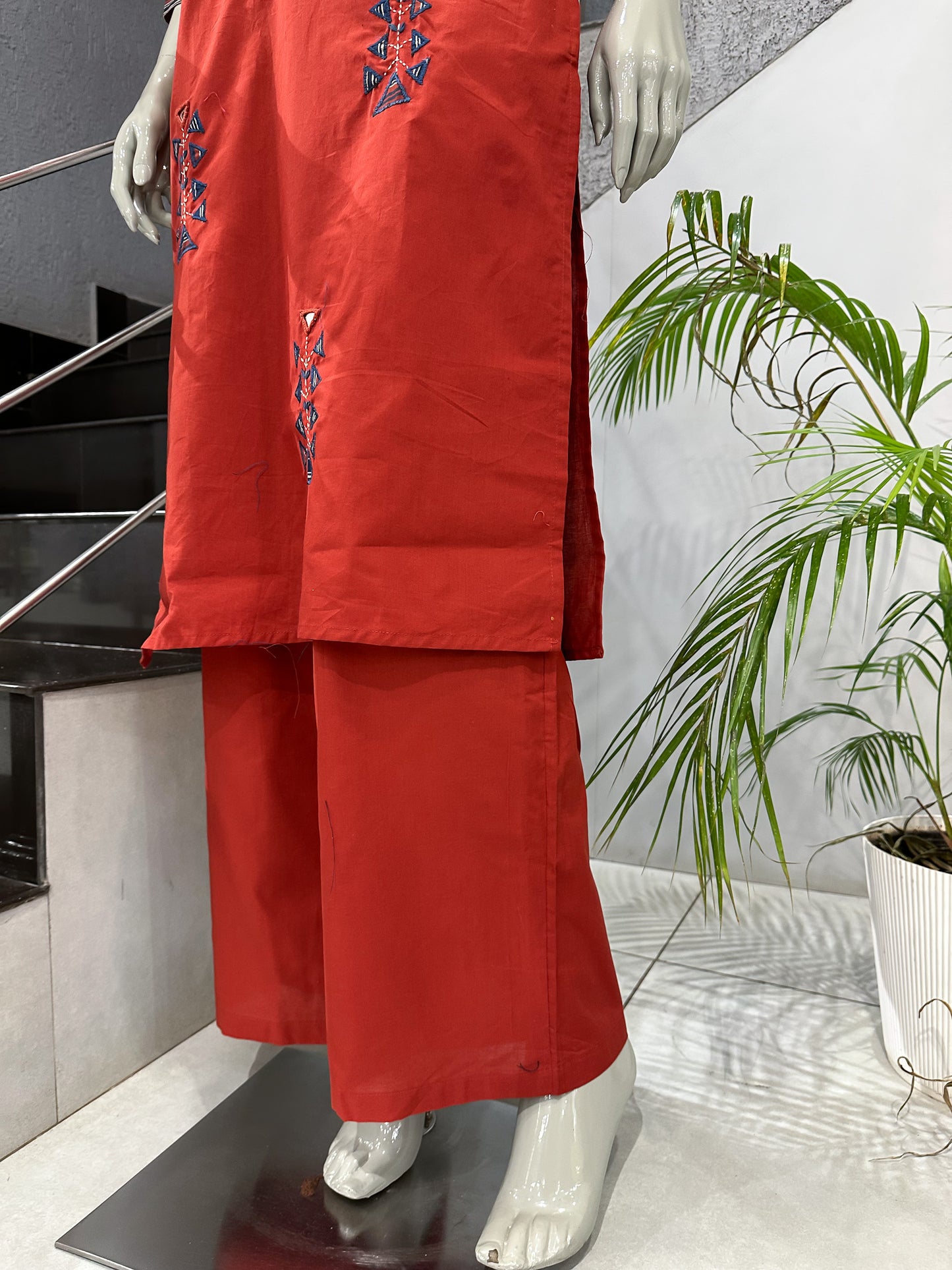 Premium Rust Red Cotton Churidar Set with Printed Dupatta & Palazzo Bottom for Women | Daily Wear Ethnic Suit