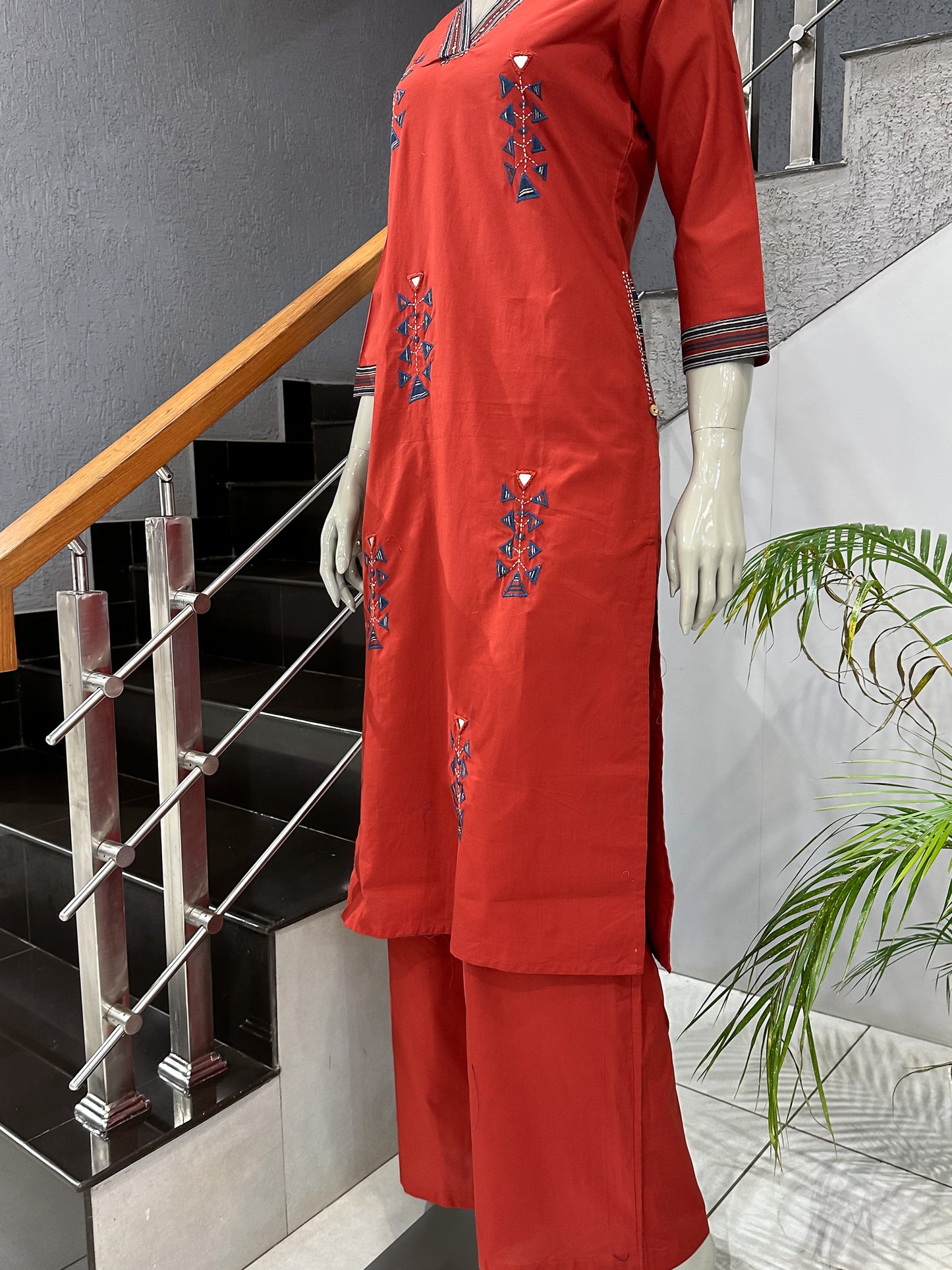 Premium Rust Red Cotton Churidar Set with Printed Dupatta & Palazzo Bottom for Women | Daily Wear Ethnic Suit