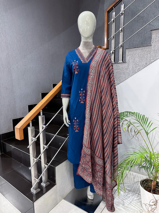 Premium Navy Blue Cotton Churidar Set with Printed Dupatta & Palazzo Pants for Women | Elegant Daily Wear Ethnic Suit