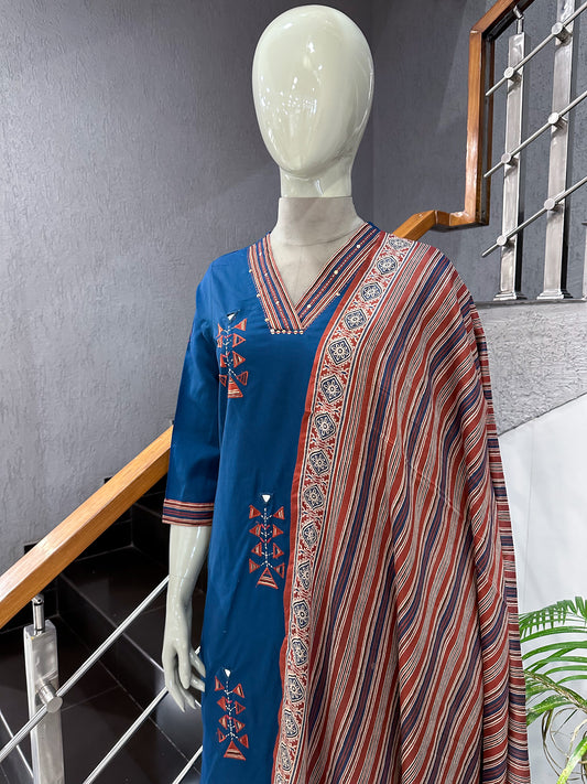 Premium Navy Blue Cotton Churidar Set with Printed Dupatta & Palazzo Pants for Women | Elegant Daily Wear Ethnic Suit