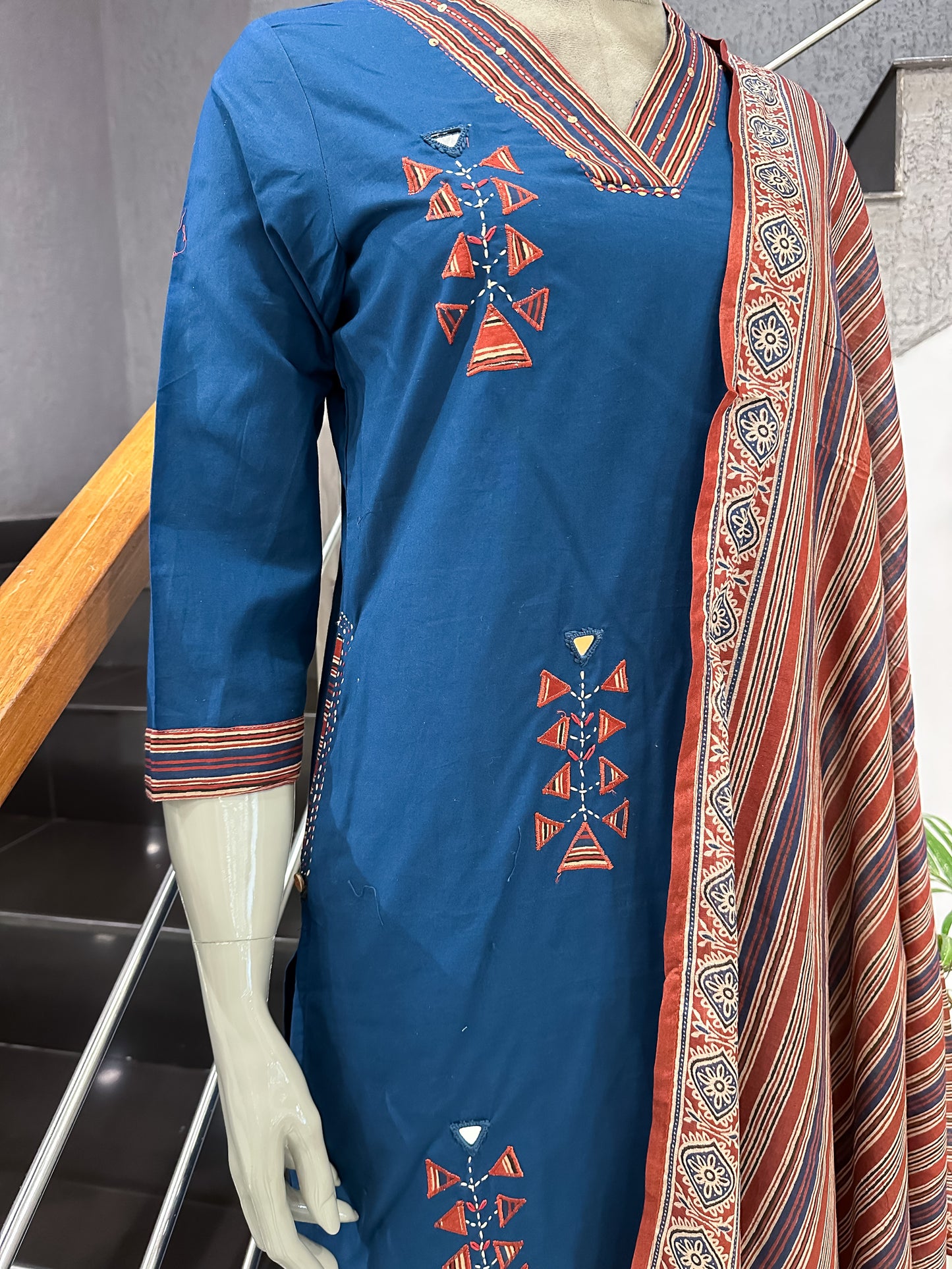 Premium Navy Blue Cotton Churidar Set with Printed Dupatta & Palazzo Pants for Women | Elegant Daily Wear Ethnic Suit