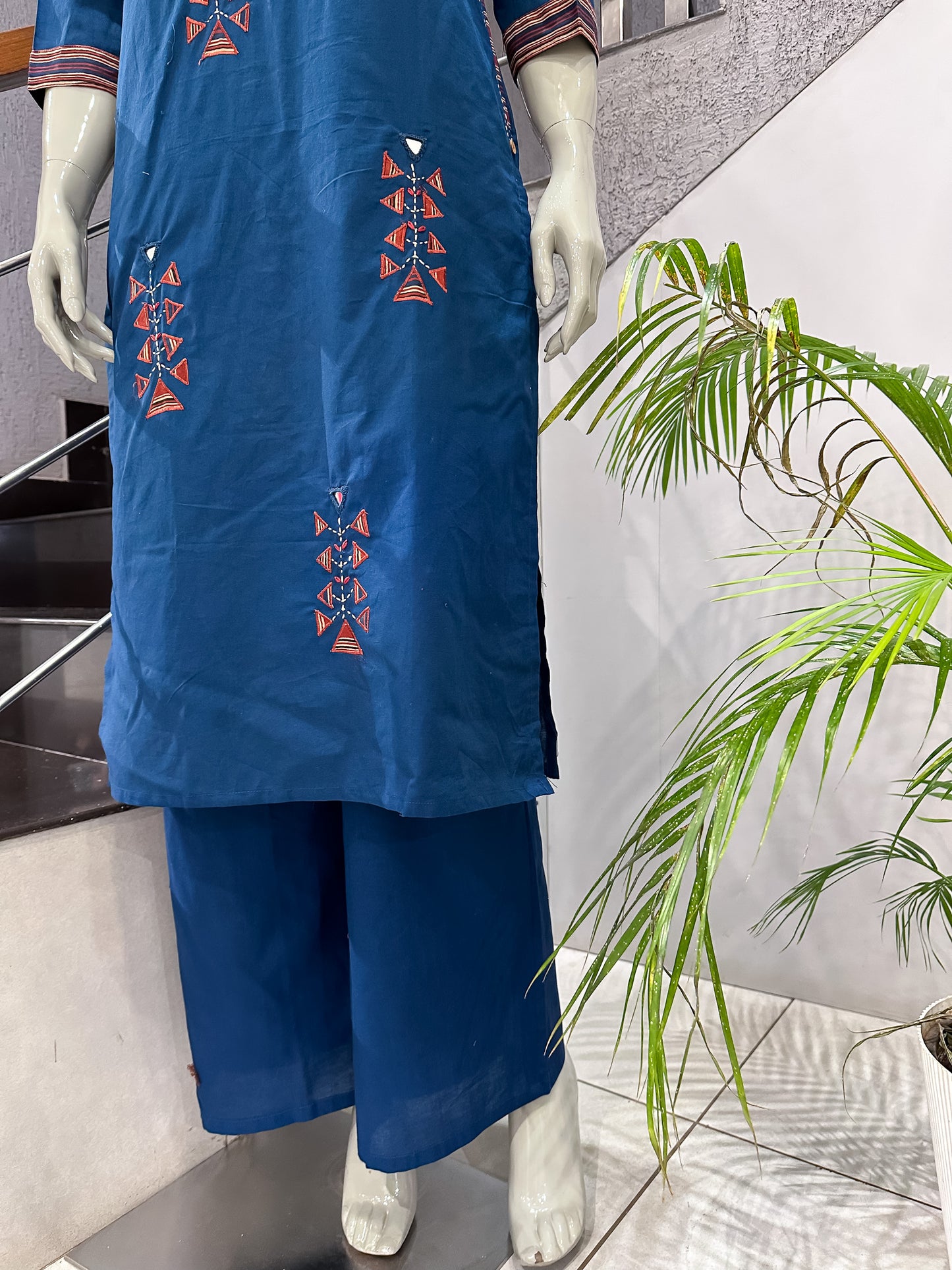 Premium Navy Blue Cotton Churidar Set with Printed Dupatta & Palazzo Pants for Women | Elegant Daily Wear Ethnic Suit