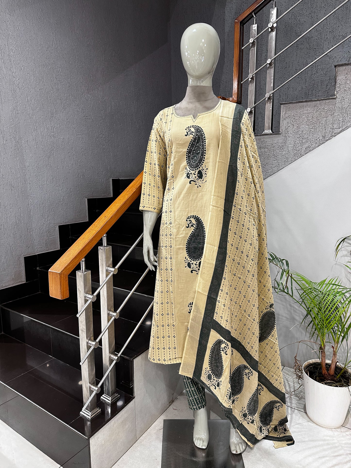 Premium Cream & Olive Green Cotton Churidar Set