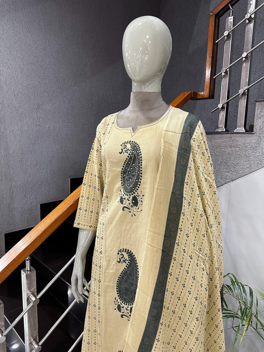 Premium Cream & Olive Green Cotton Churidar Set