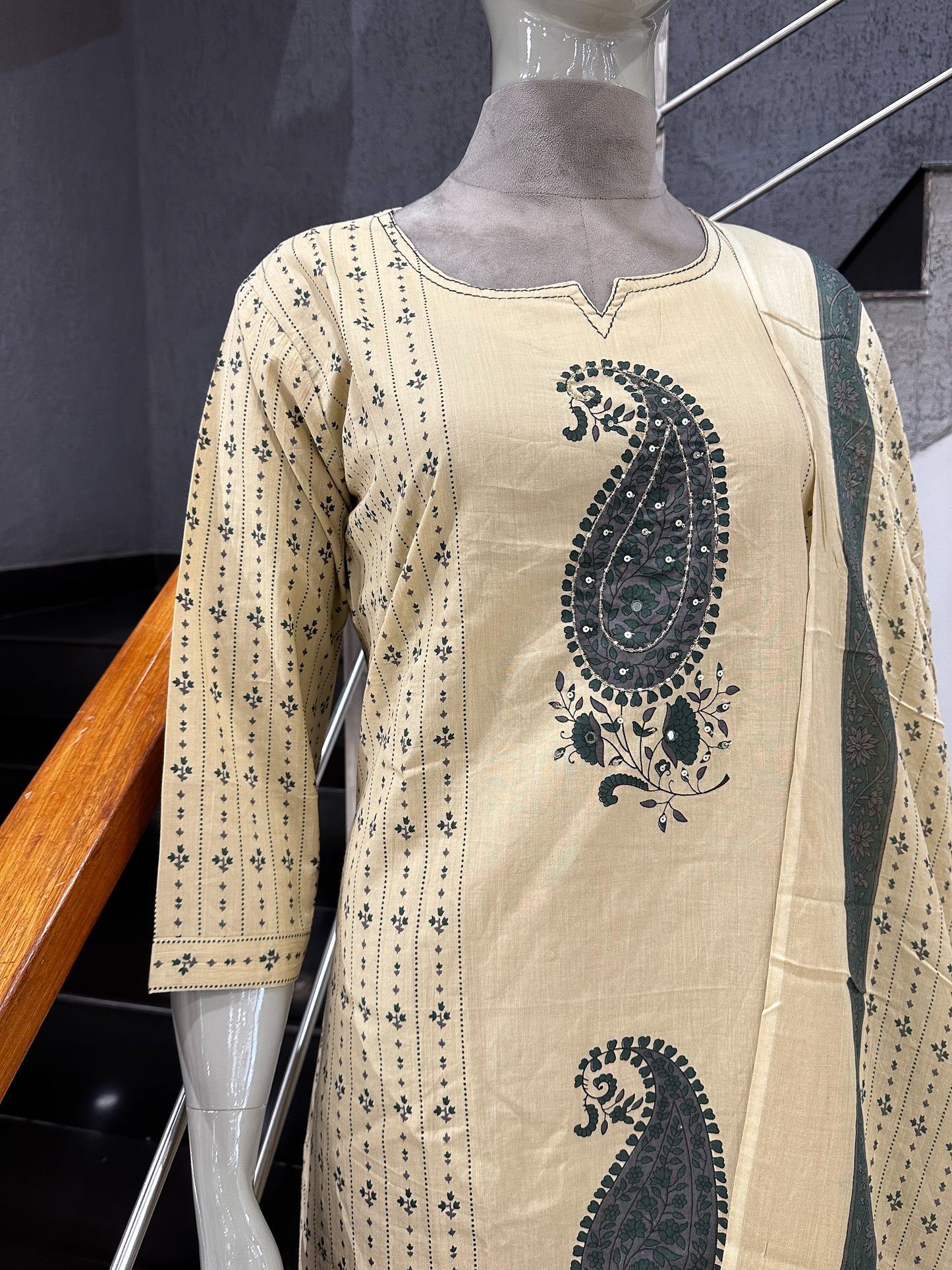 Premium Cream & Olive Green Cotton Churidar Set