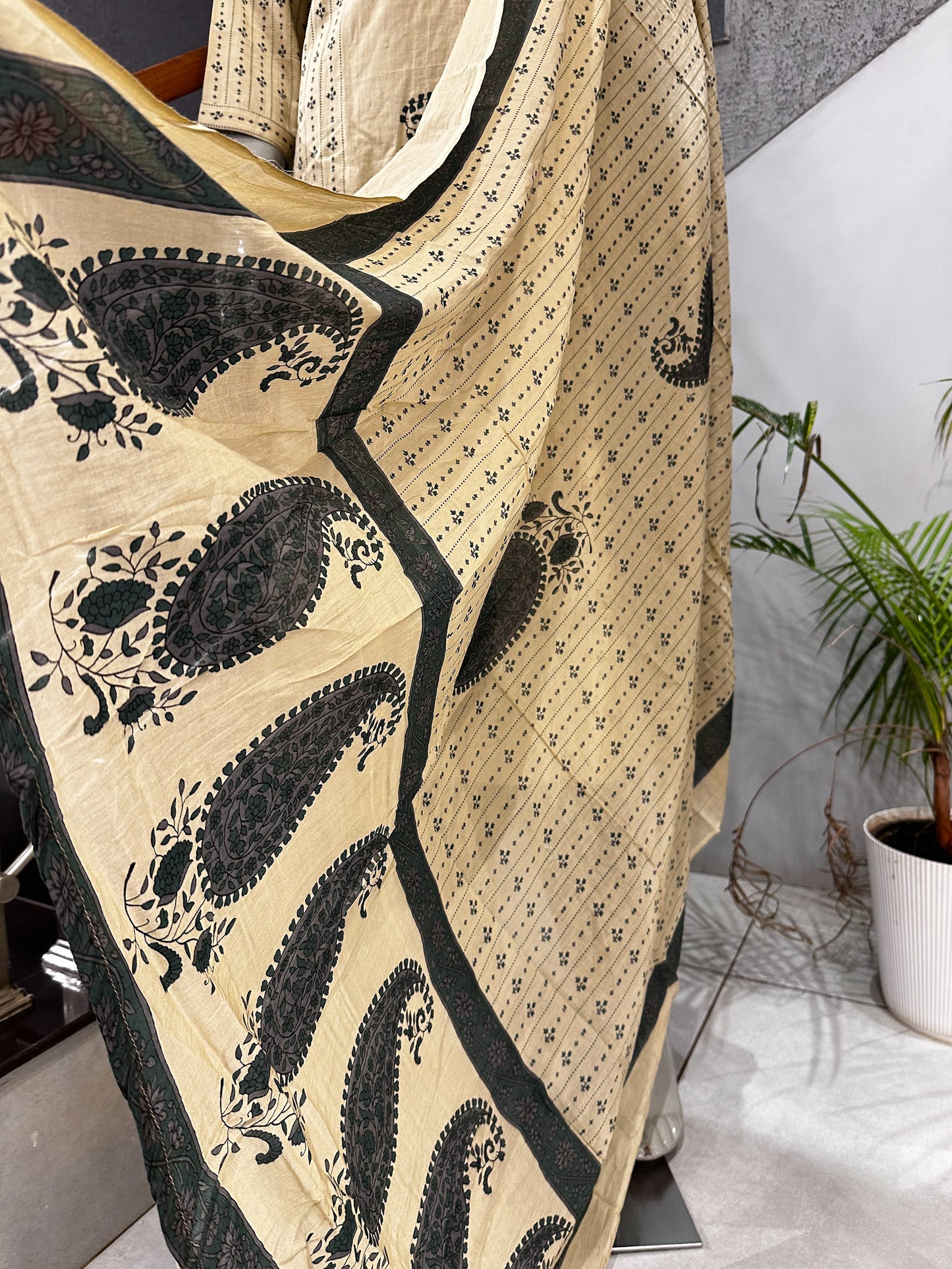 Premium Cream & Olive Green Cotton Churidar Set
