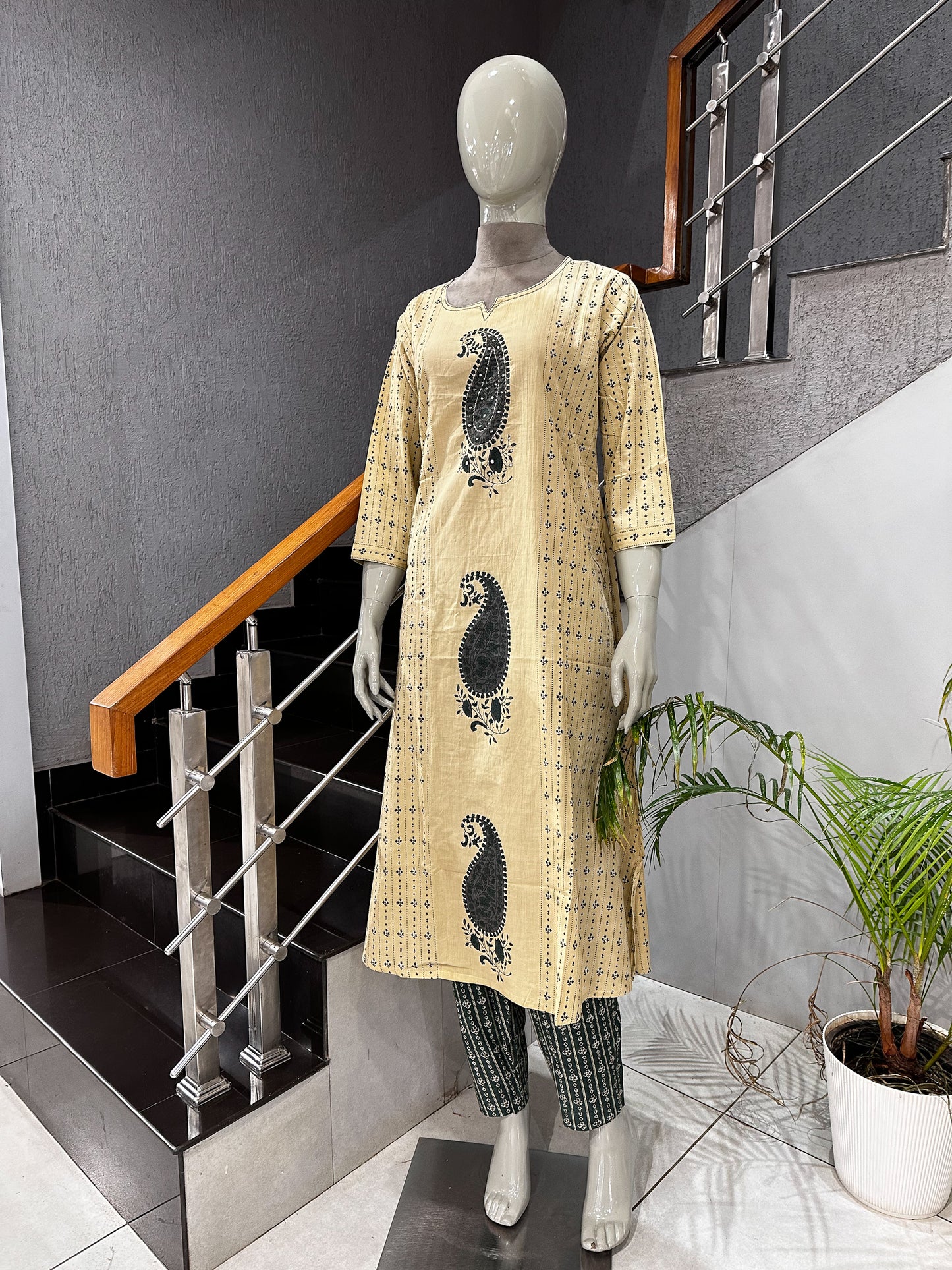 Premium Cream & Olive Green Cotton Churidar Set