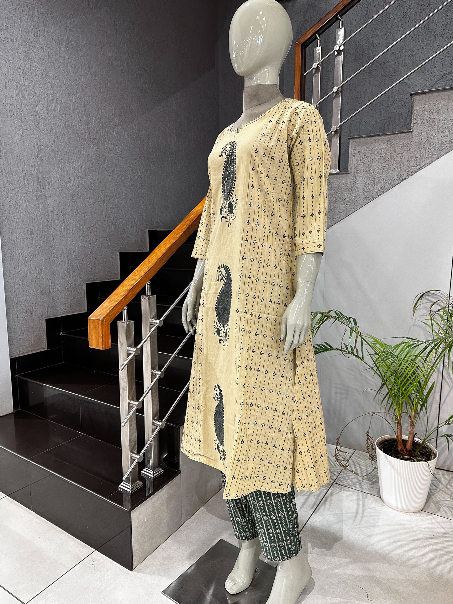 Premium Cream & Olive Green Cotton Churidar Set