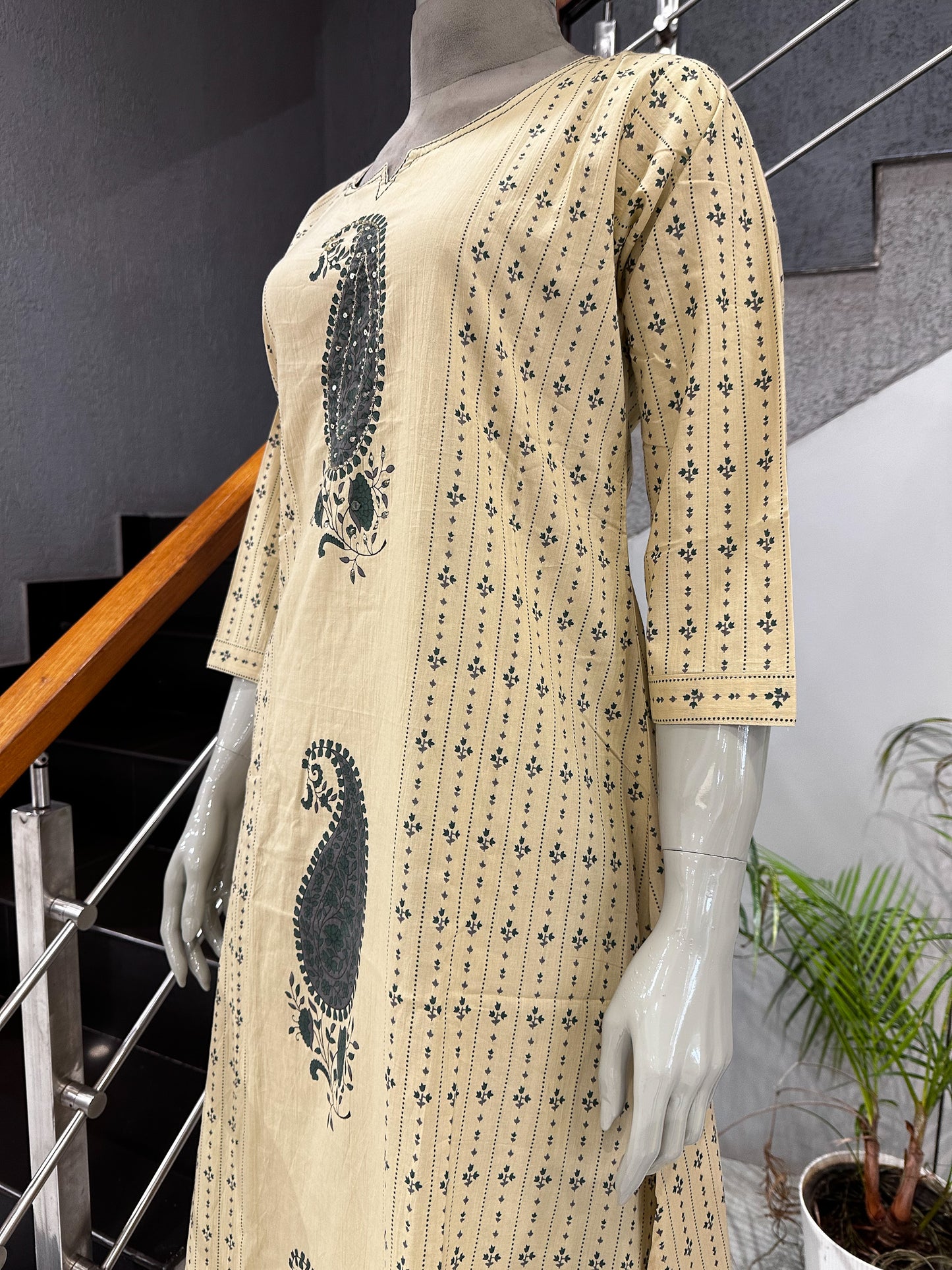 Premium Cream & Olive Green Cotton Churidar Set