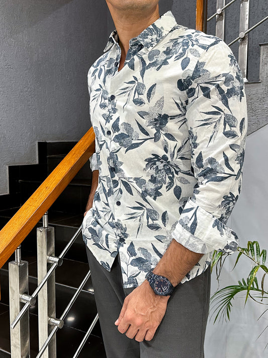 HENIIS Premium White Floral Digital Print Cotton Shirt for Men | Luxury Casual Partywear Shirt