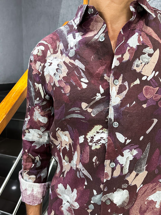 HENIIS Premium Wine Floral Linen Digital Print Shirt for Men | Luxury Casual Partywear Shirt