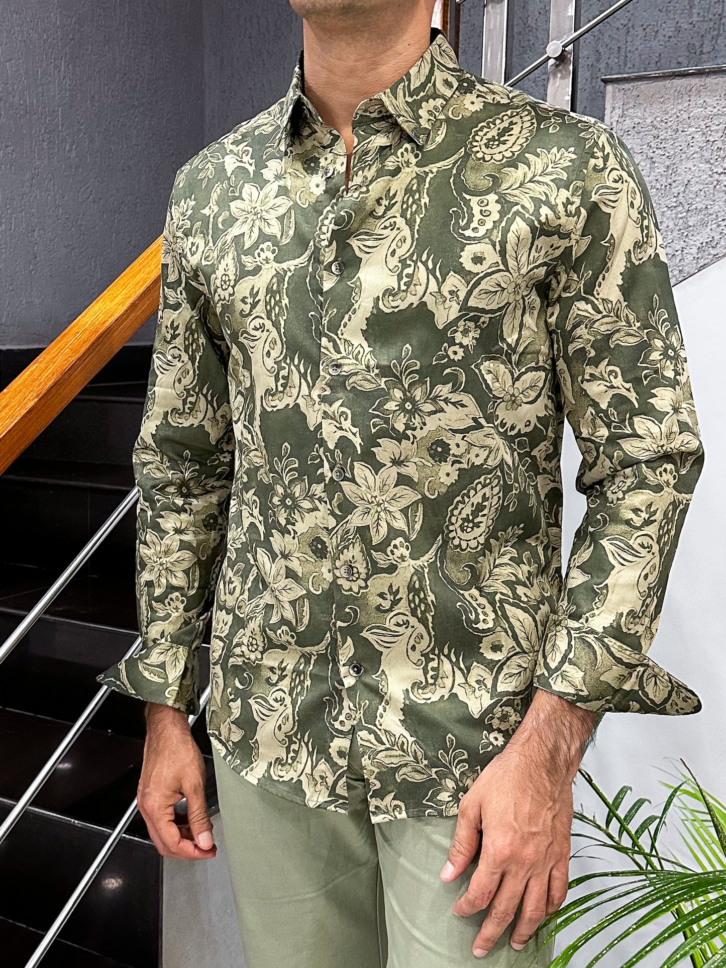 HENIIS Premium Olive Green Satin Digital Print Shirt for Men | Luxury Partywear Casual Shirt