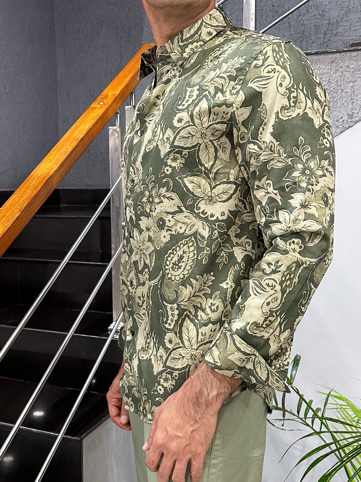 HENIIS Premium Olive Green Satin Digital Print Shirt for Men | Luxury Partywear Casual Shirt