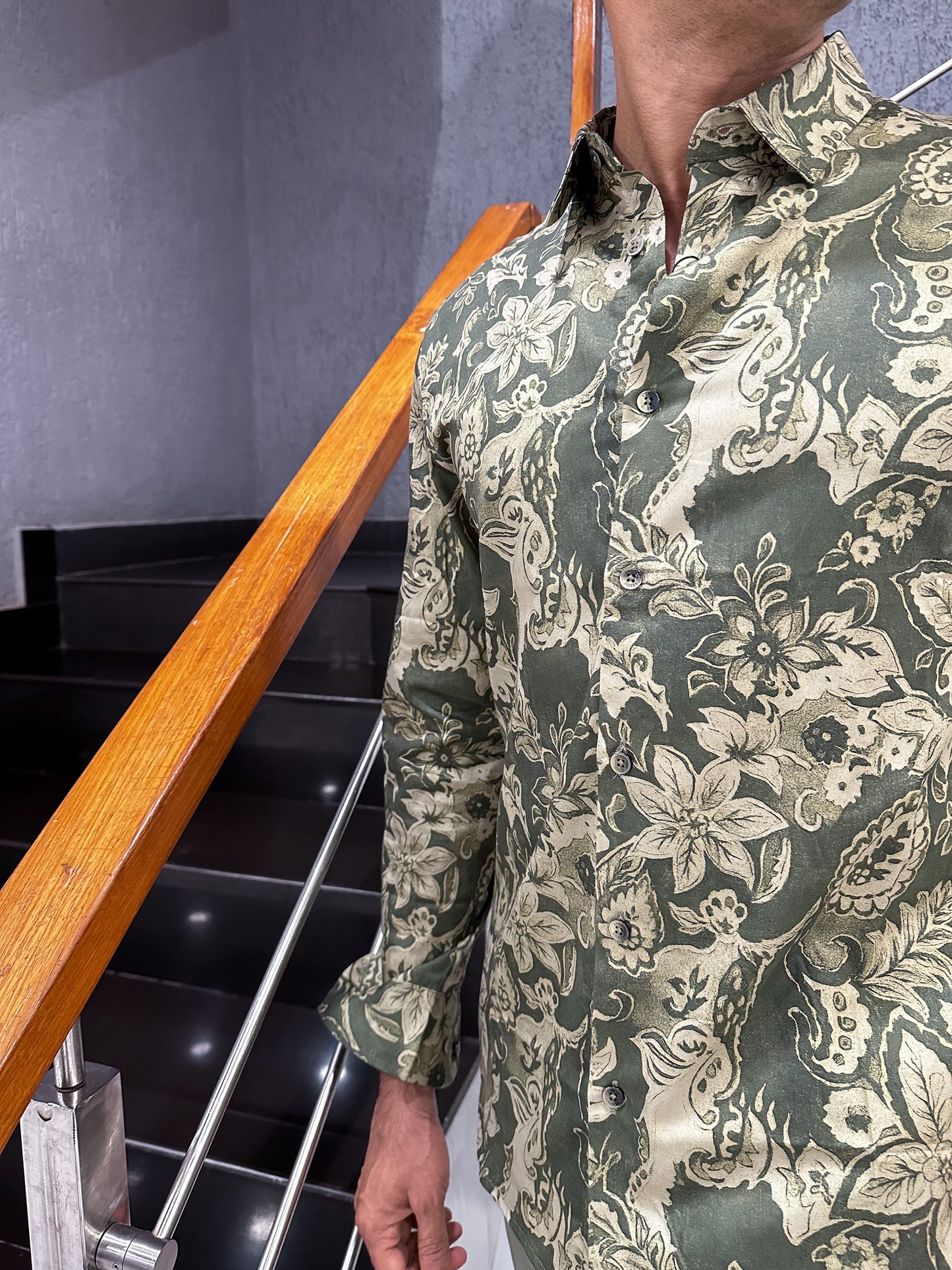 HENIIS Premium Olive Green Satin Digital Print Shirt for Men | Luxury Partywear Casual Shirt