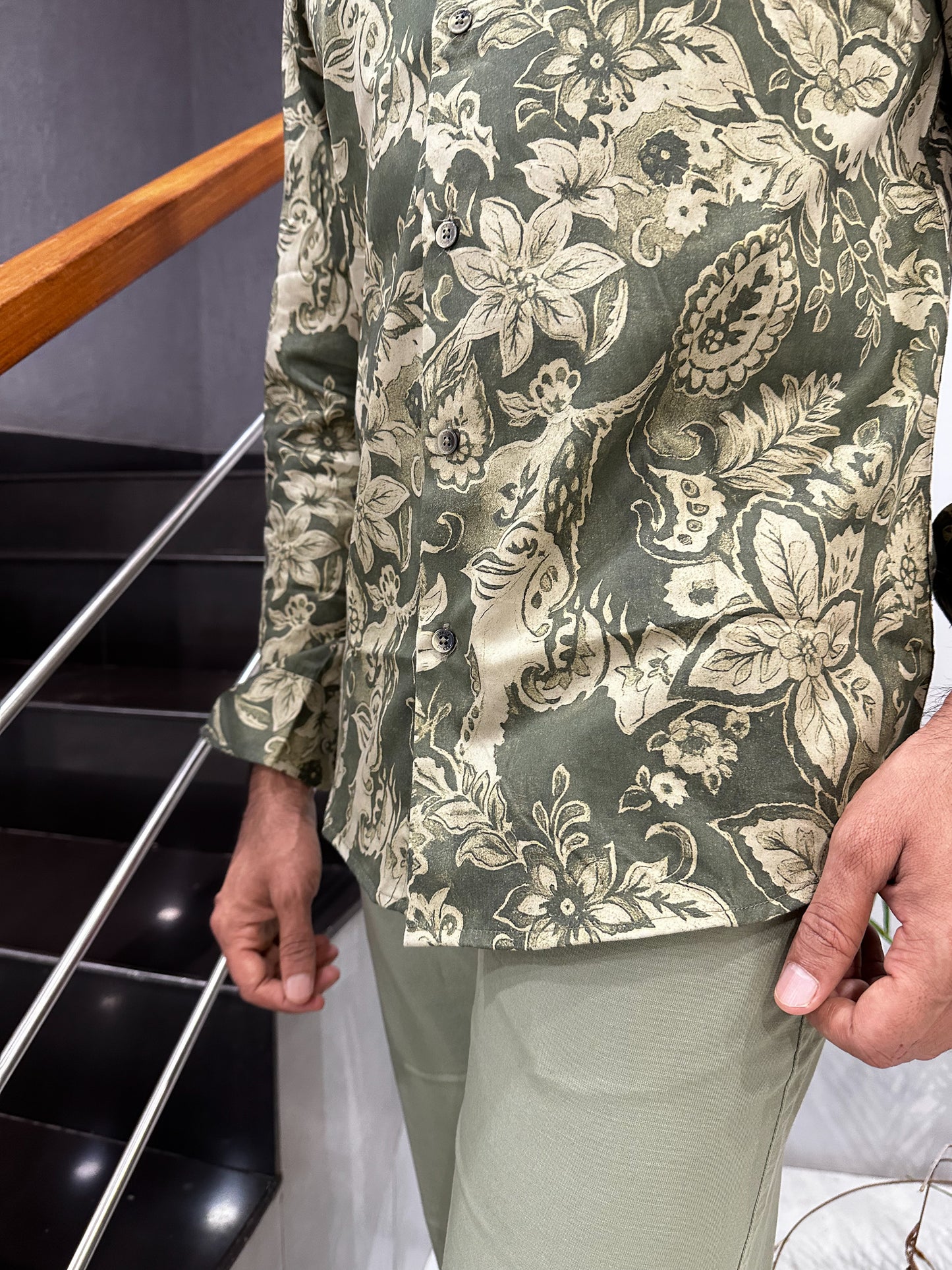 HENIIS Premium Olive Green Satin Digital Print Shirt for Men | Luxury Partywear Casual Shirt