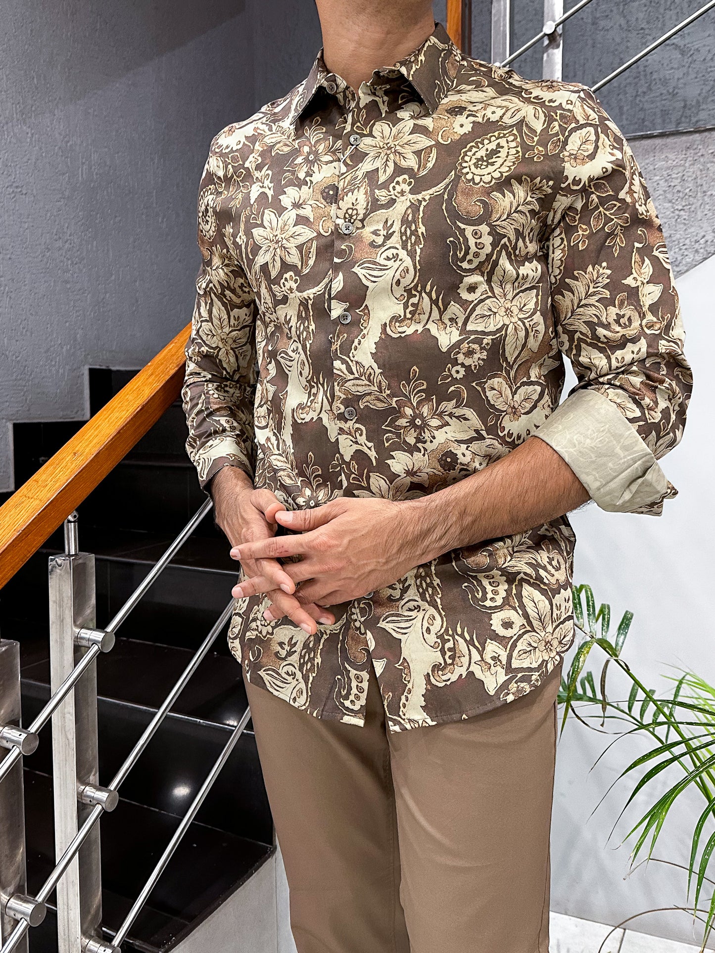HENIIS Premium Brown Satin Digital Print Shirt for Men | Luxury Designer Casual Partywear Shirt