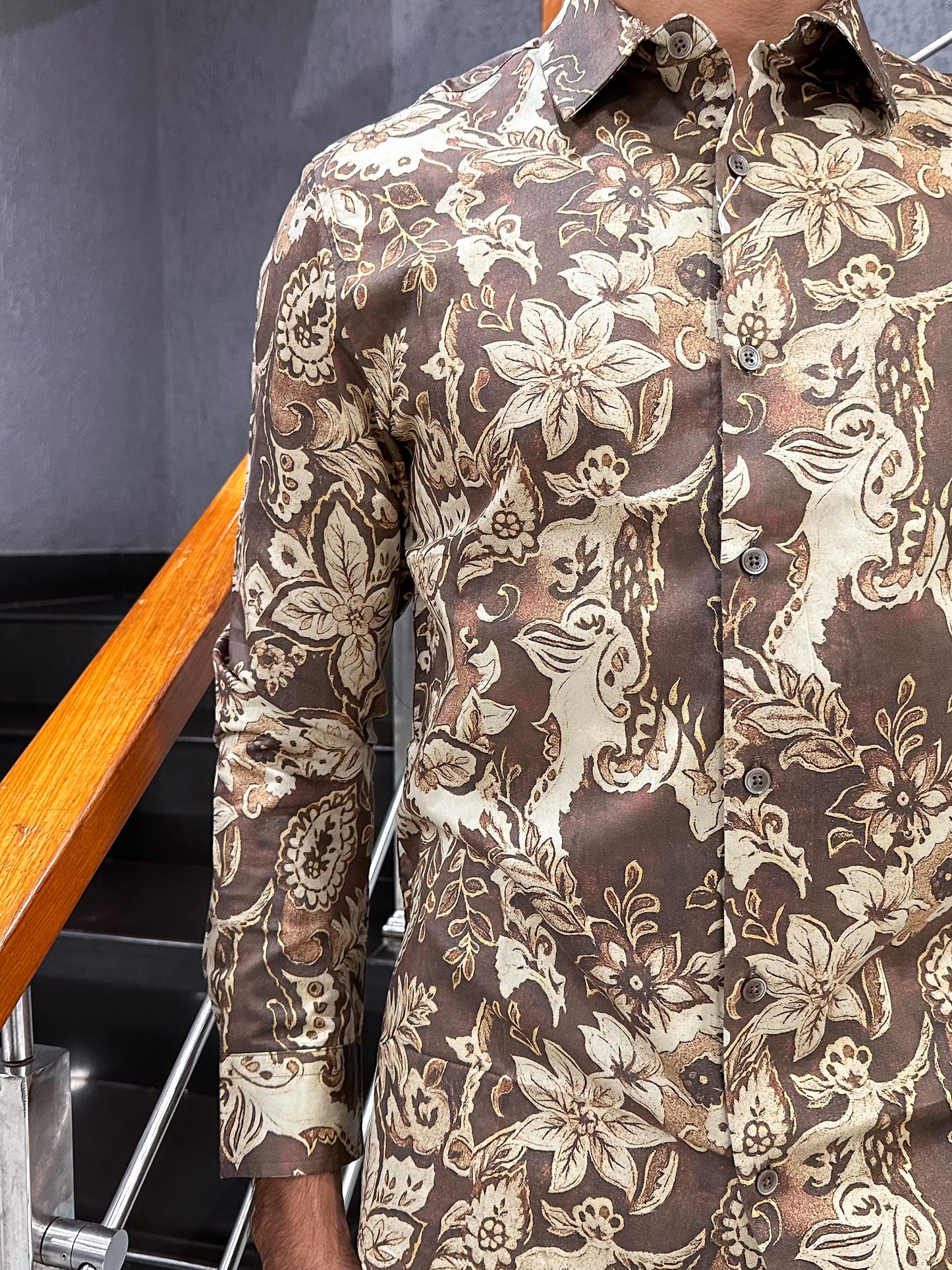HENIIS Premium Brown Satin Digital Print Shirt for Men | Luxury Designer Casual Partywear Shirt