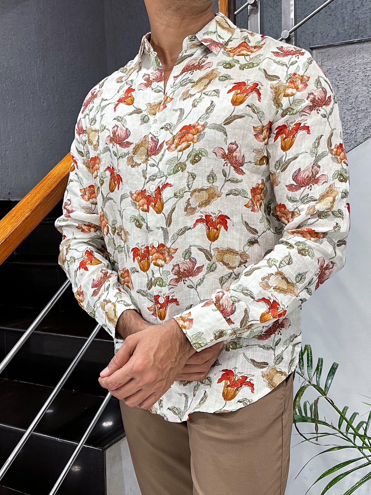 HENIIS Premium White Floral Linen Digital Print Shirt for Men | Luxury Casual Partywear Shirt