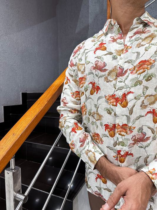 HENIIS Premium White Floral Linen Digital Print Shirt for Men | Luxury Casual Partywear Shirt