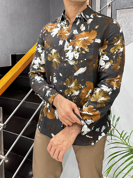 HENIIS Premium Black Floral Linen Digital Print Shirt for Men | Luxury Casual Partywear Shirt