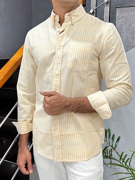 HENIIS Premium Beige Oxford Cotton Striped Shirt for Men | Luxury Casual Full Sleeve Shirt