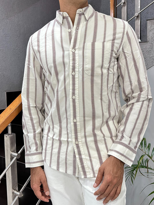 HENIIS Premium White Oxford Cotton Striped Shirt for Men | Luxury Casual Full Sleeve Shirt