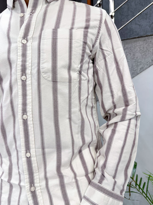 HENIIS Premium White Oxford Cotton Striped Shirt for Men | Luxury Casual Full Sleeve Shirt