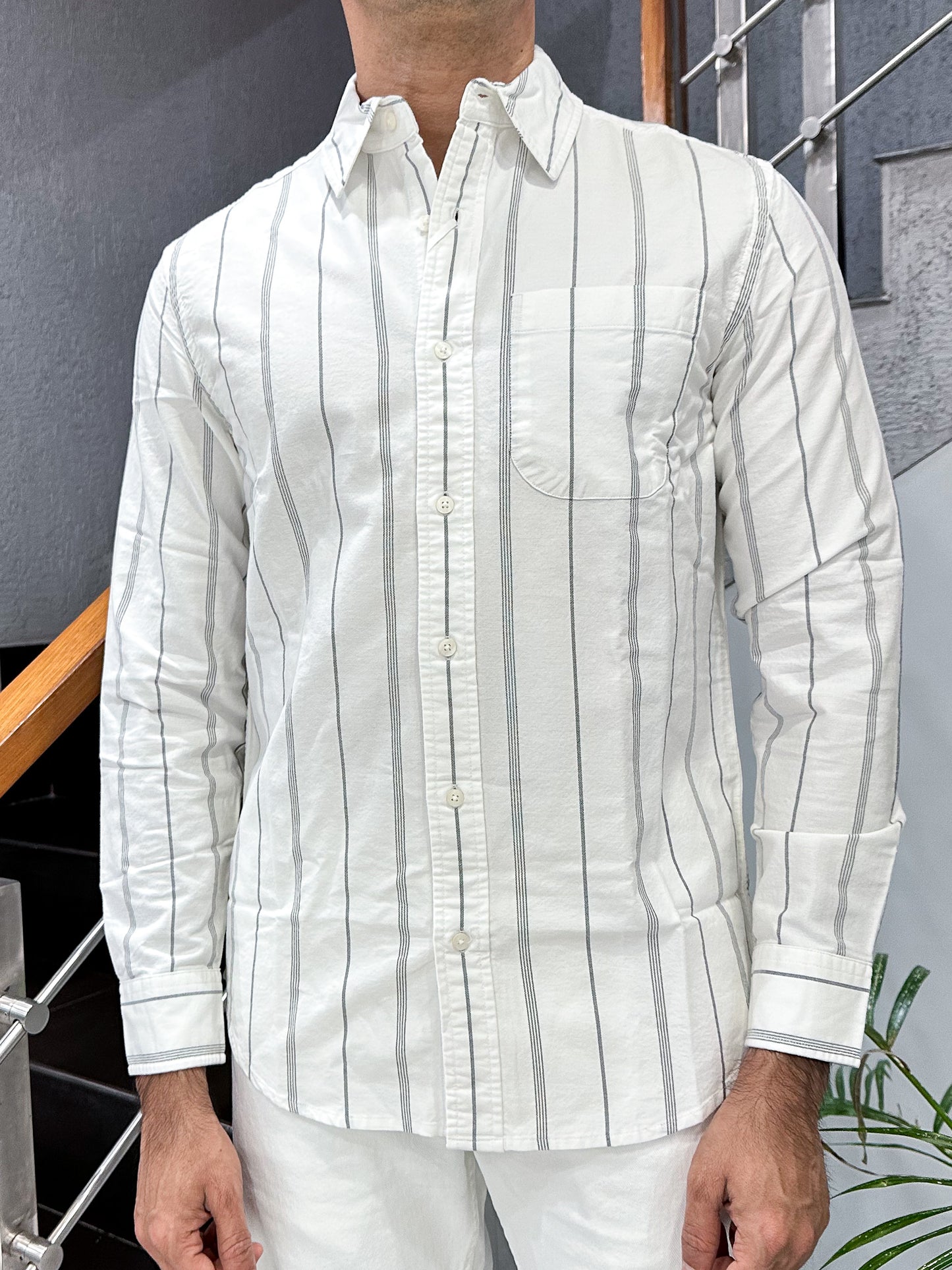 HENIIS Premium White Oxford Cotton Striped Shirt for Men | Luxury Casual Full Sleeve Shirt