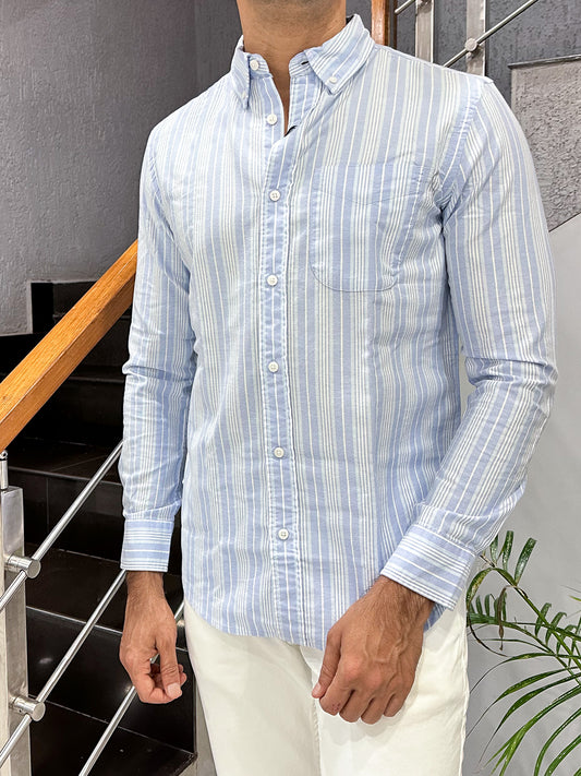 HENIIS Premium Sky Blue Oxford Cotton Striped Shirt for Men | Luxury Casual Full Sleeve Shirt