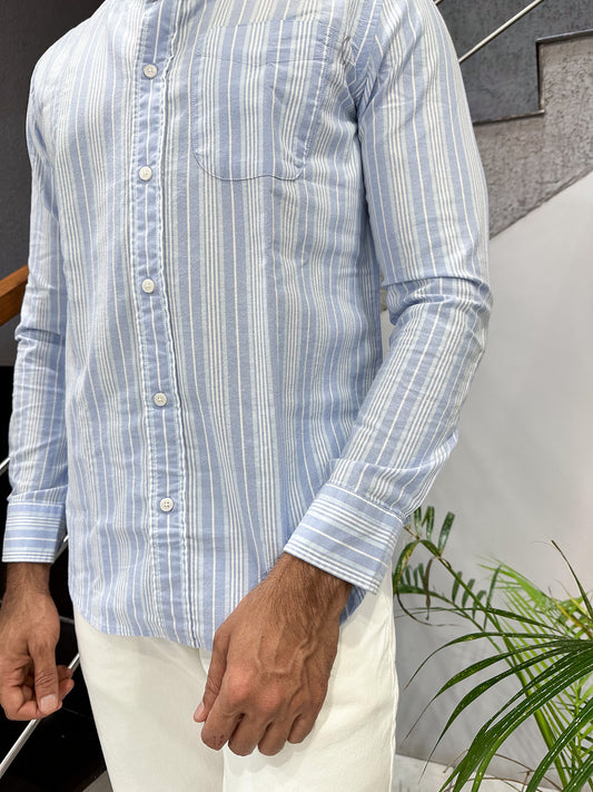 HENIIS Premium Sky Blue Oxford Cotton Striped Shirt for Men | Luxury Casual Full Sleeve Shirt